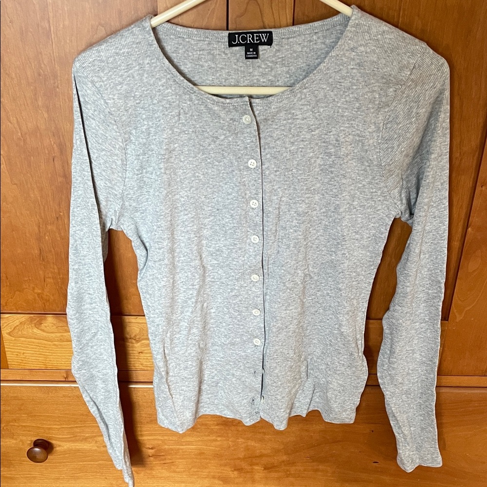 J.Crew Jersey Ribbed Light Heather Gray Button-Front Long Sleeve Tee